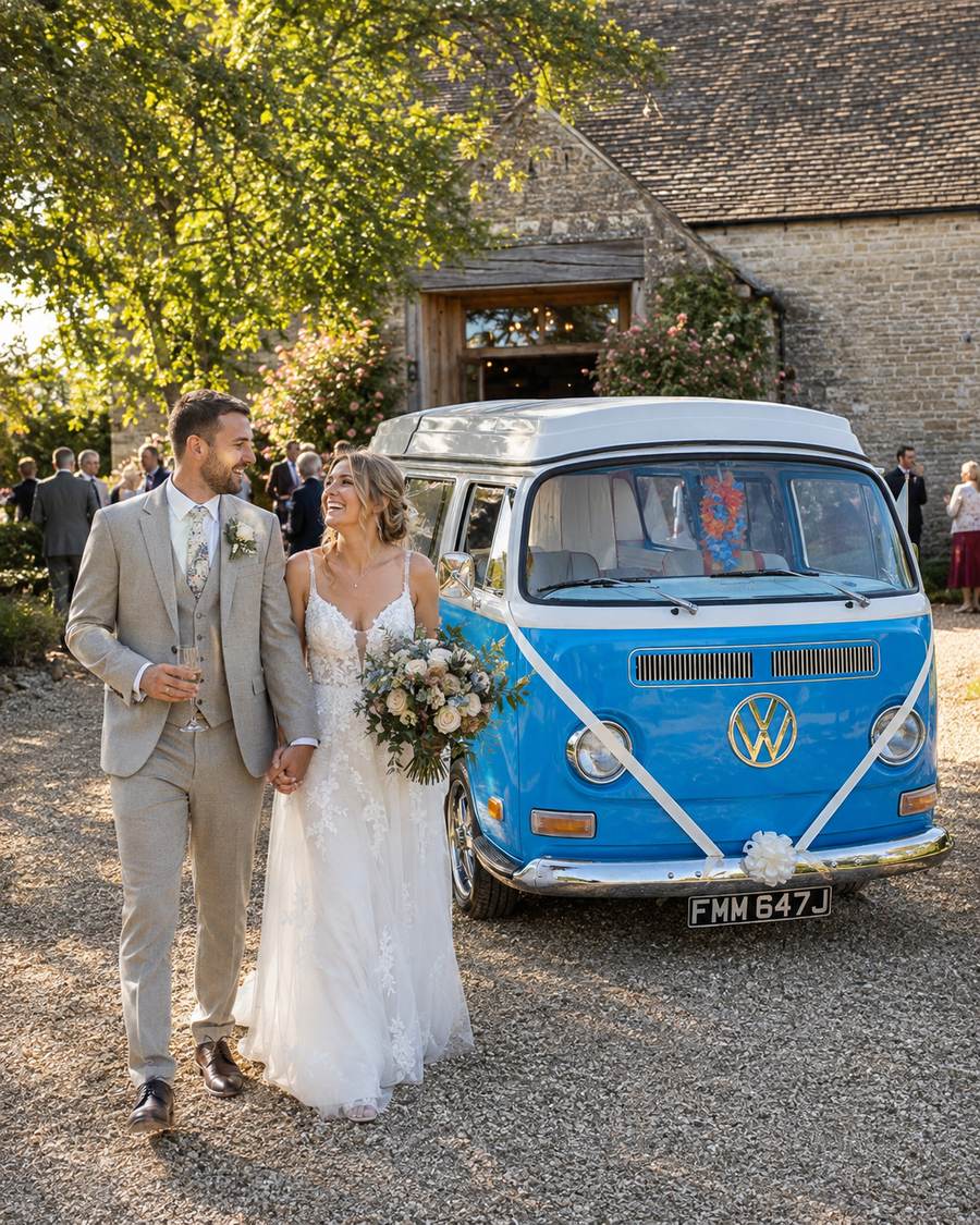 A couple arriving by Mabel for a ceremony — The Confetti Cruise package.