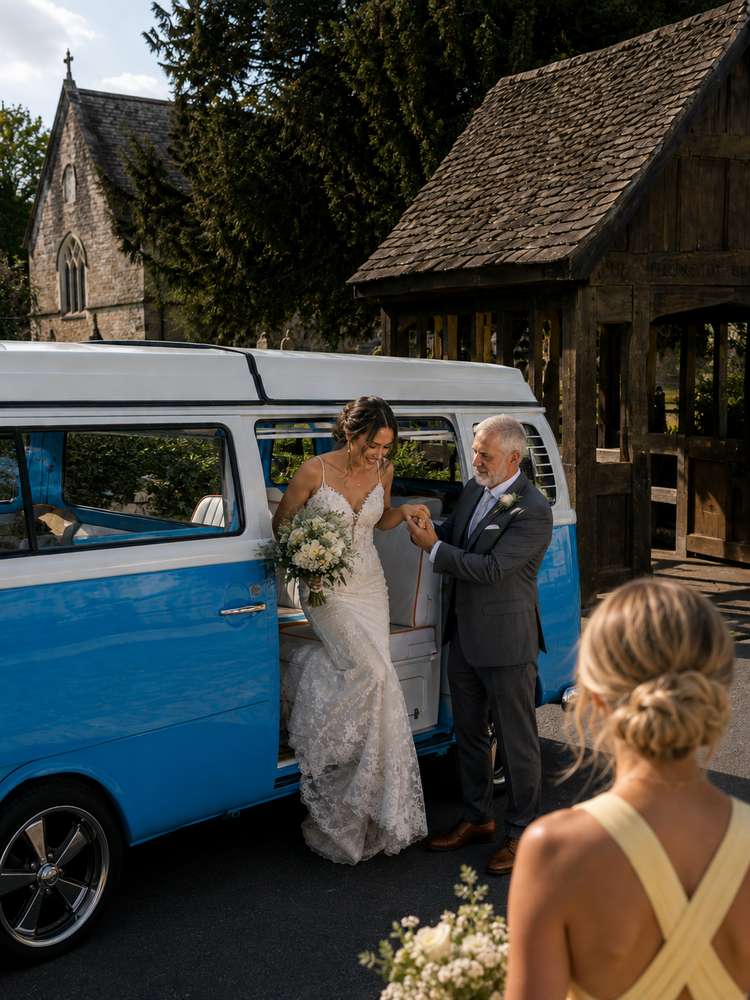 A father-of-the-bride moment, caught outside the church.
