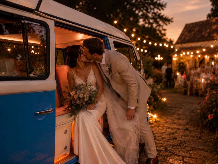 A kiss inside Mabel, string lights taking over from the sun.