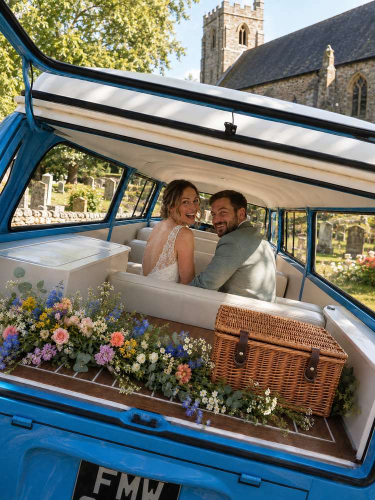 A private moment in the back, flowers and a picnic basket for company.