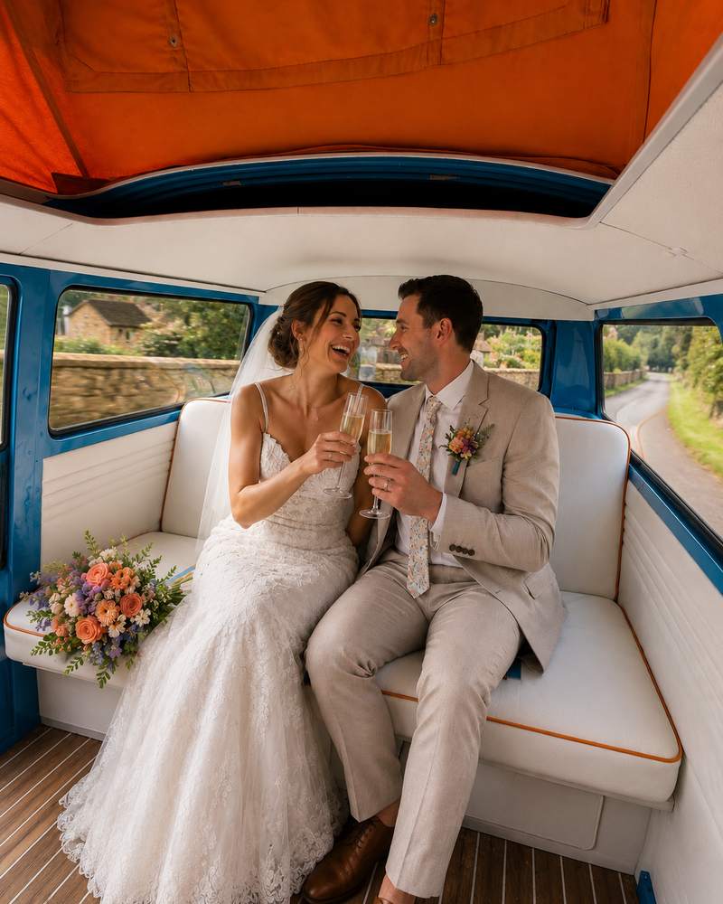 Bride and groom sharing a laugh together inside Mabel.