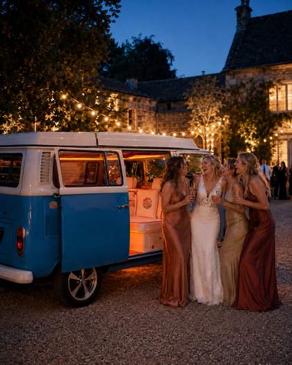 Bridesmaids climbing aboard as the evening lights come on.