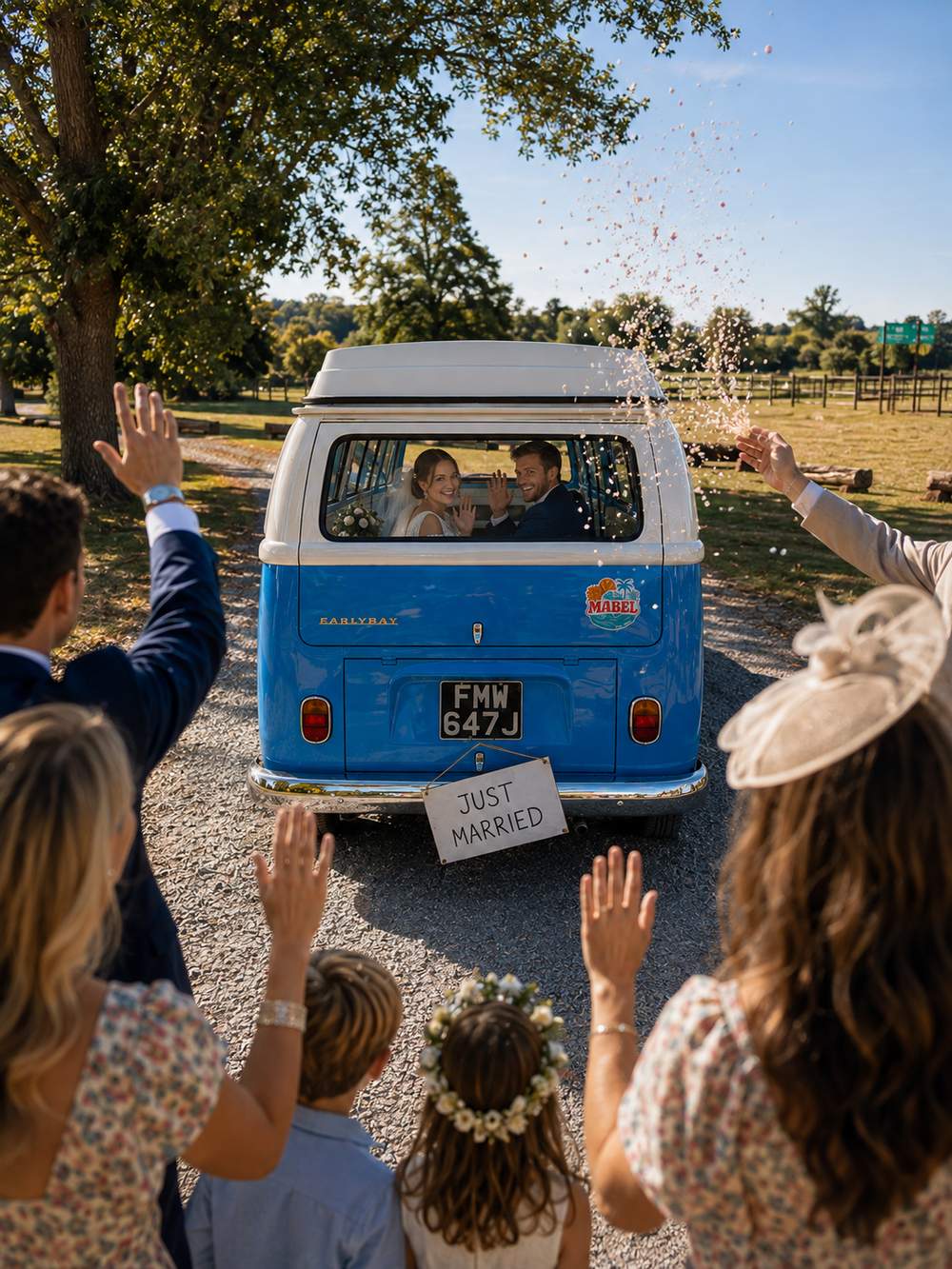 Confetti thrown as Mabel drives newlyweds away, guests waving either side.