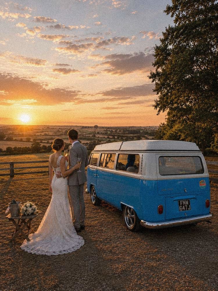 Golden hour in an open field, camper and all.