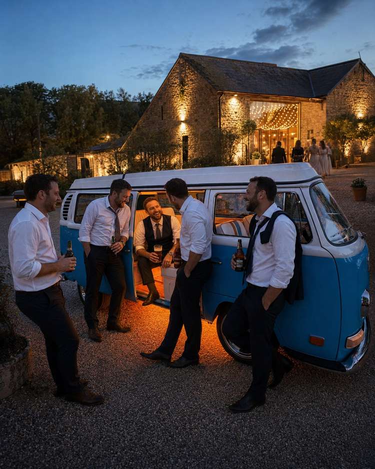 Groomsmen holding court in front of Mabel's door.