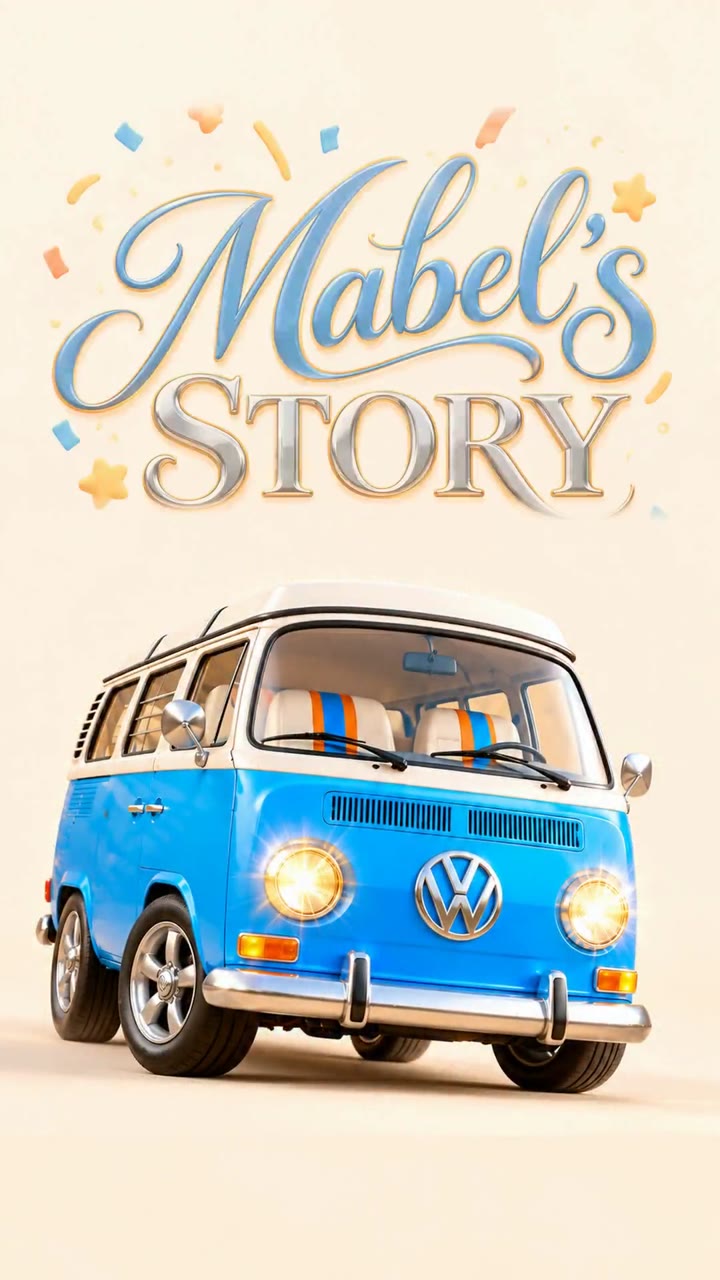 Mabel, our blue and white 1971 VW camper, under the Mabel's Story title.