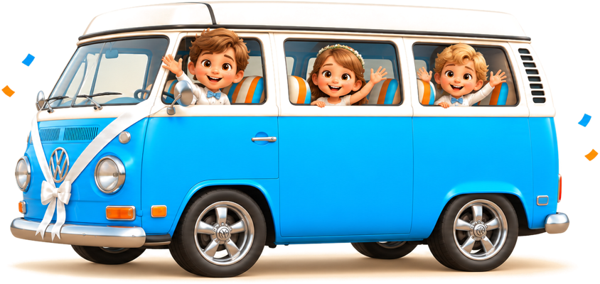 Three little wedding guests waving from Mabel's windows.