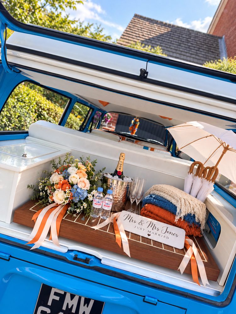 Mabel's picnic board styled for a wedding: a cream, peach and blue bouquet with trailing ribbons, champagne chilling in an ice bucket with two flutes, folded blankets, white umbrellas and a wooden Just Married sign.