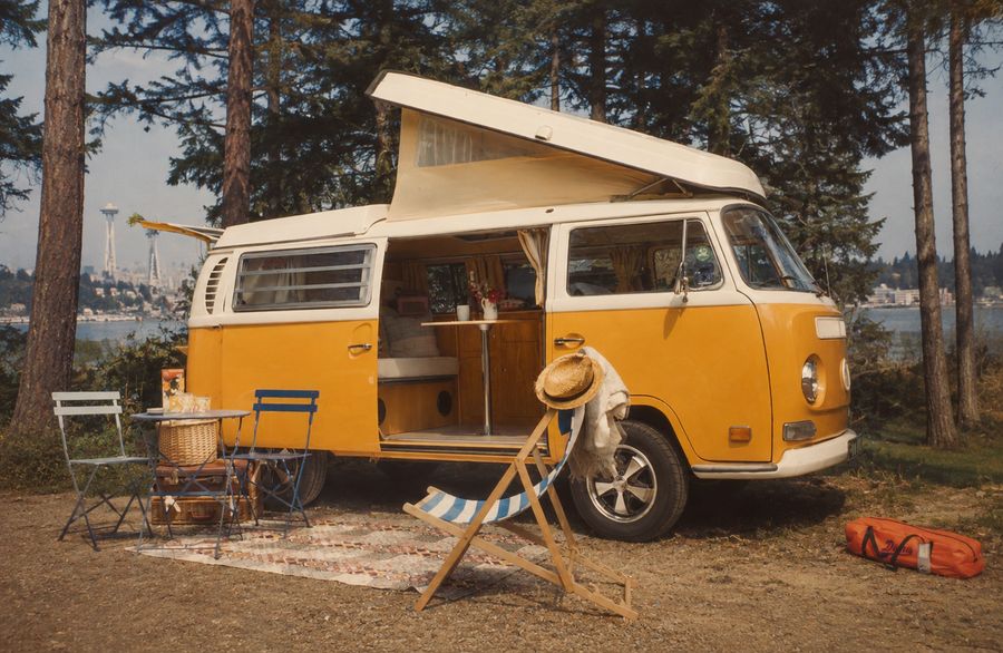 Mabel in her original mustard yellow, picnicking by the water in Seattle.