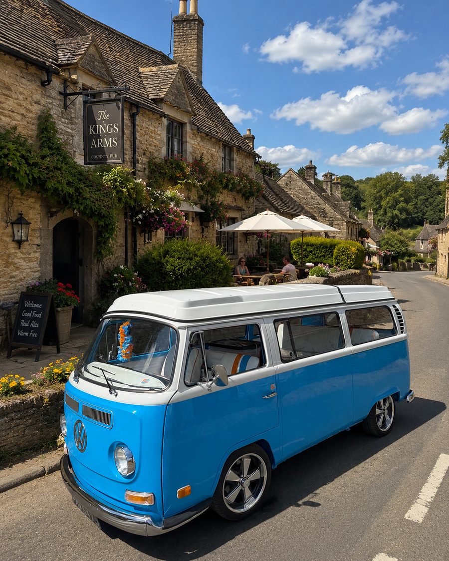 Mabel outside a Cotswold pub on a village high street.