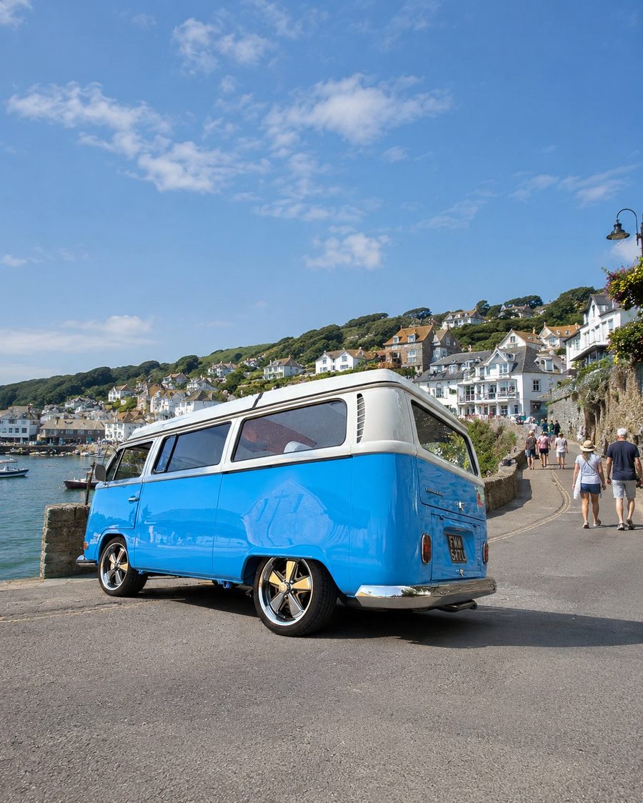 Mabel parked at a harbourside village, wedding-ready.