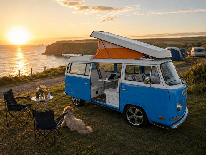 Mabel parked on a clifftop at sunset, camping chairs and a dog nearby.