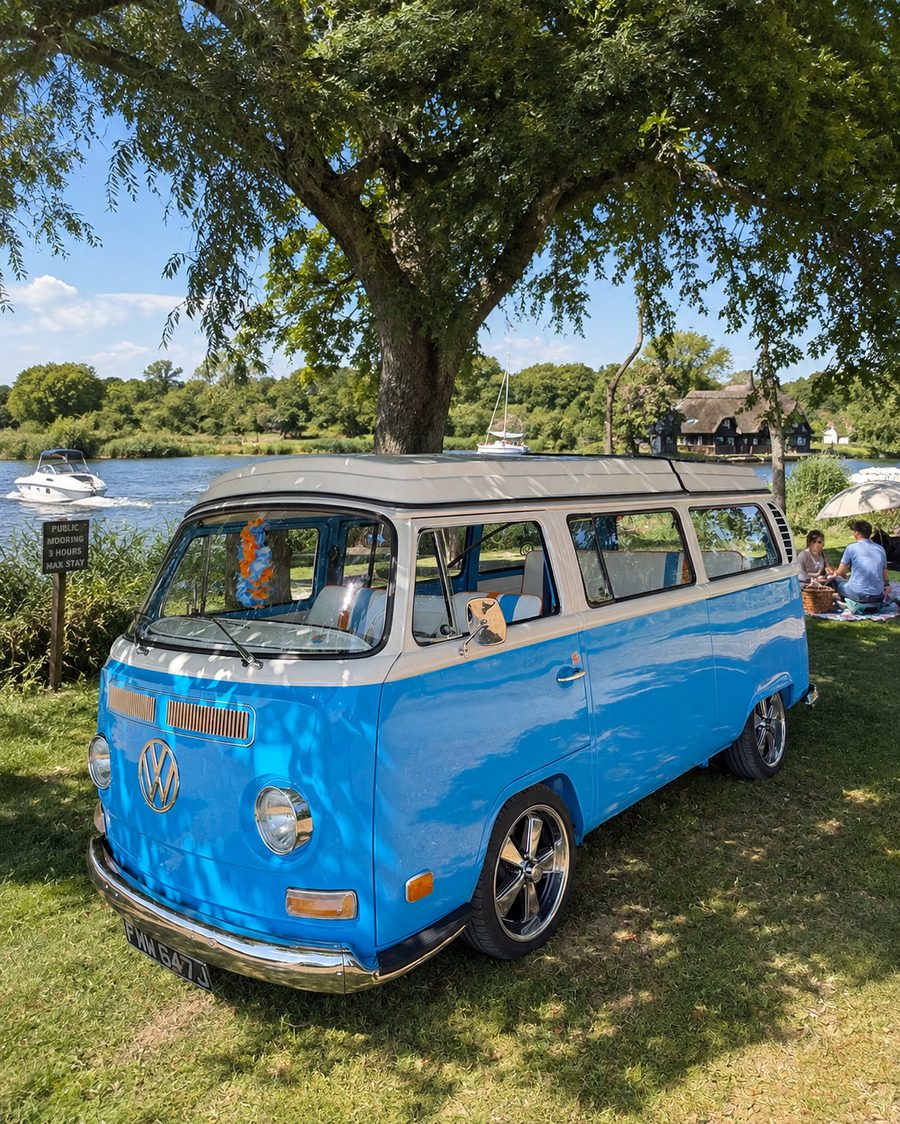 Mabel parked under a tree by the water, ribbons on the wing mirror.