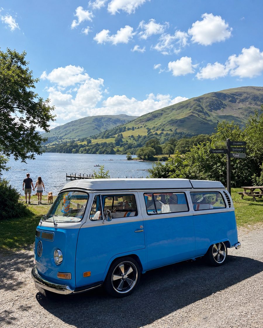 Mabel parked up with the Lake District fells behind her.