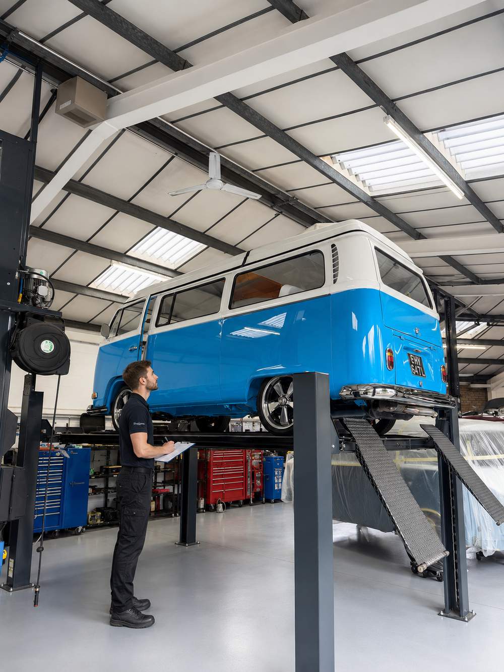 Mabel's body shell during the four-year restoration, up on the workshop lift.