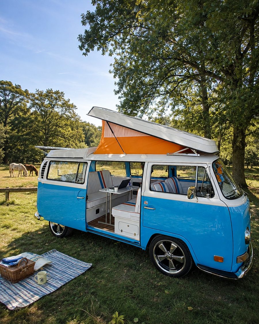 Mabel's pop-top up, picnic laid out in a sunny meadow.