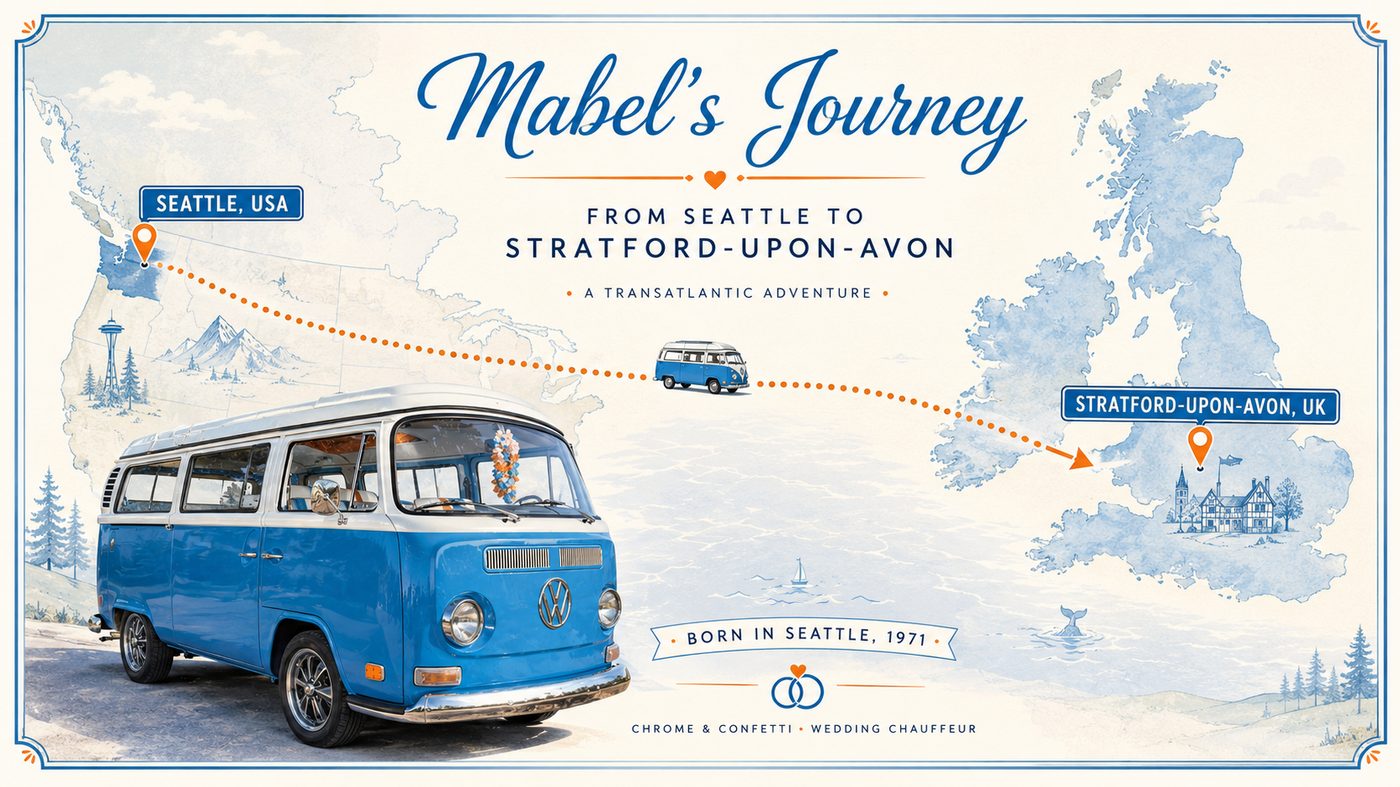Map showing Mabel's journey from Seattle, USA to Stratford-upon-Avon, UK