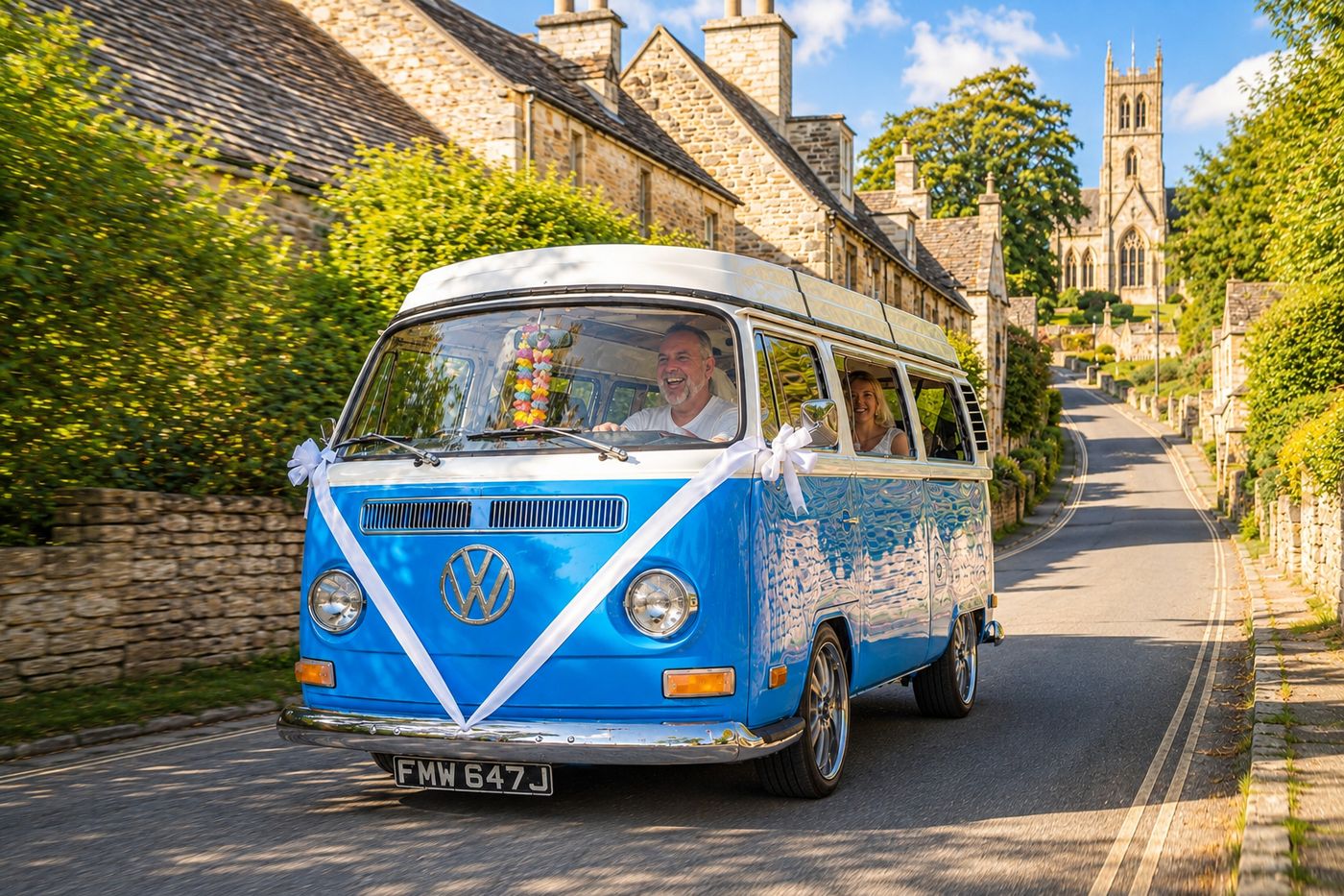Mark driving Mabel away from the church with the newlyweds, bridge and church tower in the background.