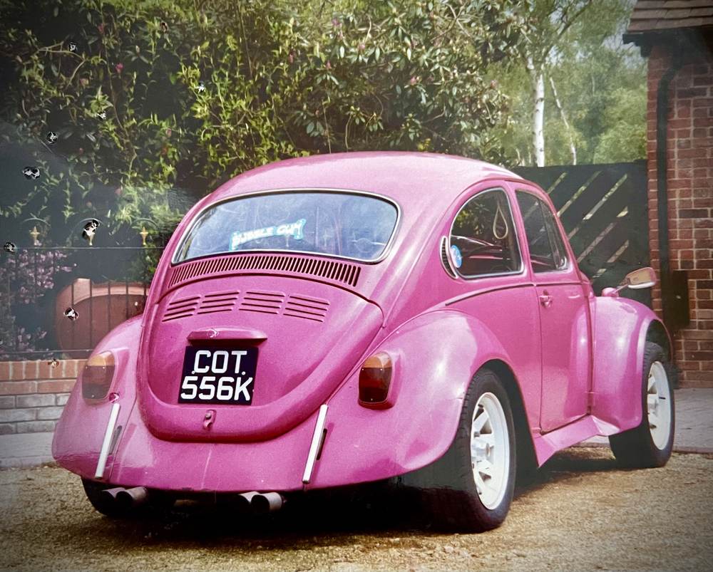 Mark's first VW project — a magenta-sprayed classic Beetle called Nigel.