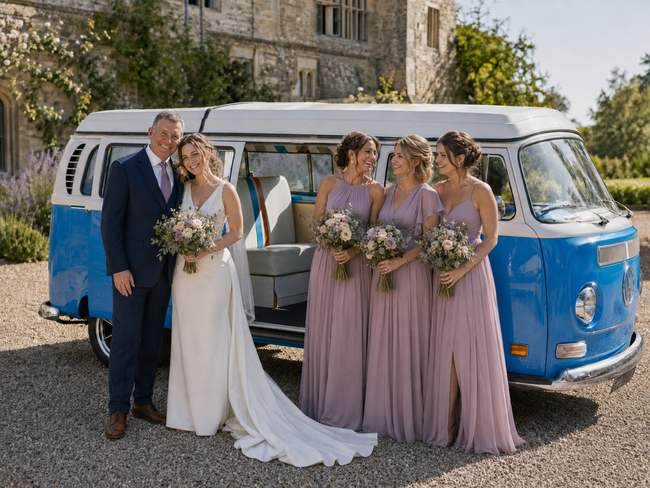 The bridesmaids, lined up beside Mabel in dusky pink.