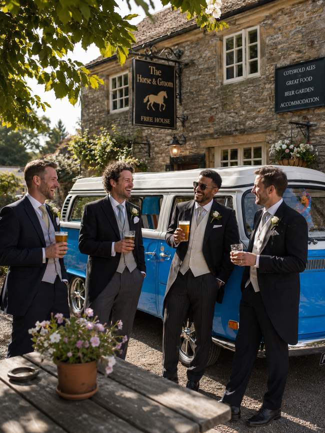The groomsmen, mid-toast, mid-laugh.