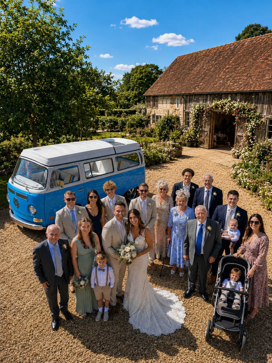 The whole wedding party gathered with Mabel — The Whole Shebang package.